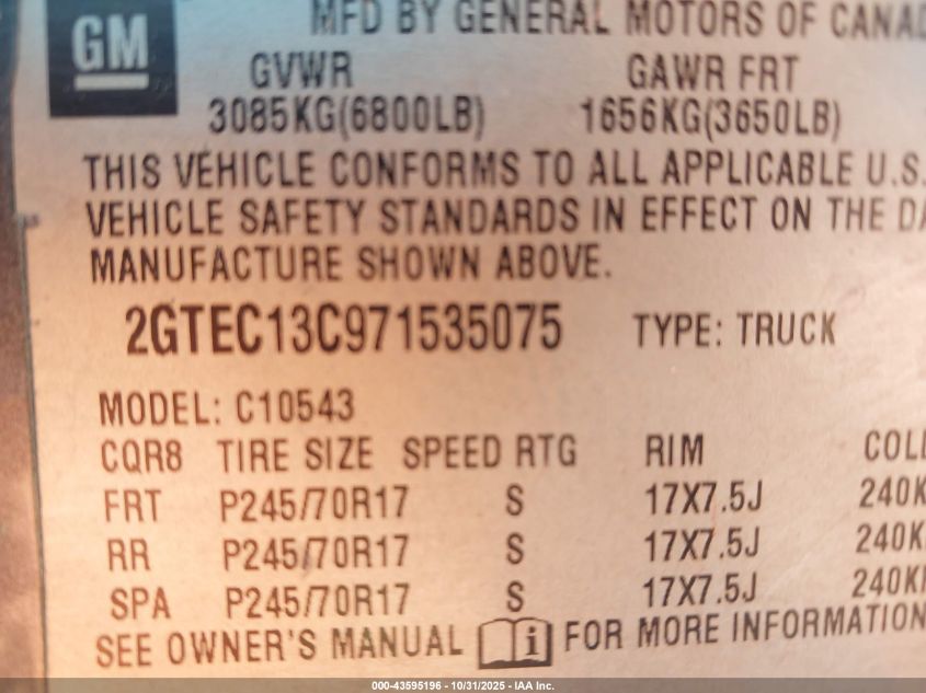 2007 GMC Sierra 1500 Sle1 VIN: 2GTEC13C971535075 Lot: 43595196