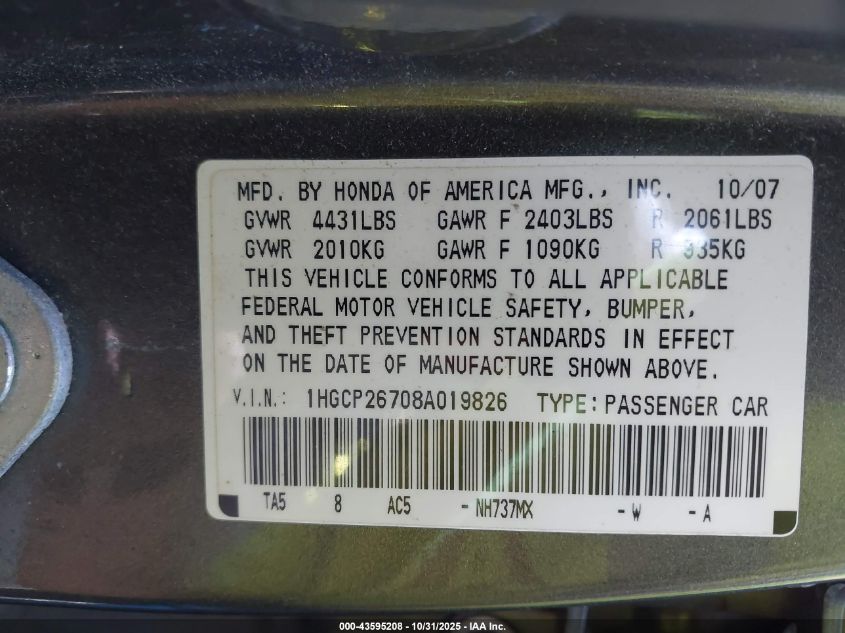 2008 Honda Accord 2.4 Ex VIN: 1HGCP26708A019826 Lot: 43595208