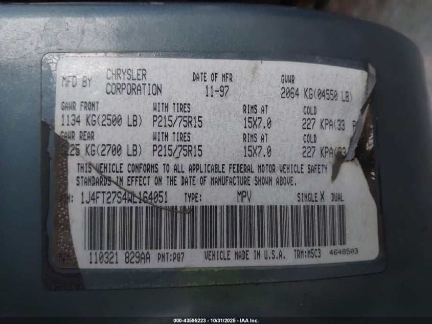 1998 Jeep Cherokee Se VIN: 1J4FT27S4WL164051 Lot: 43595223