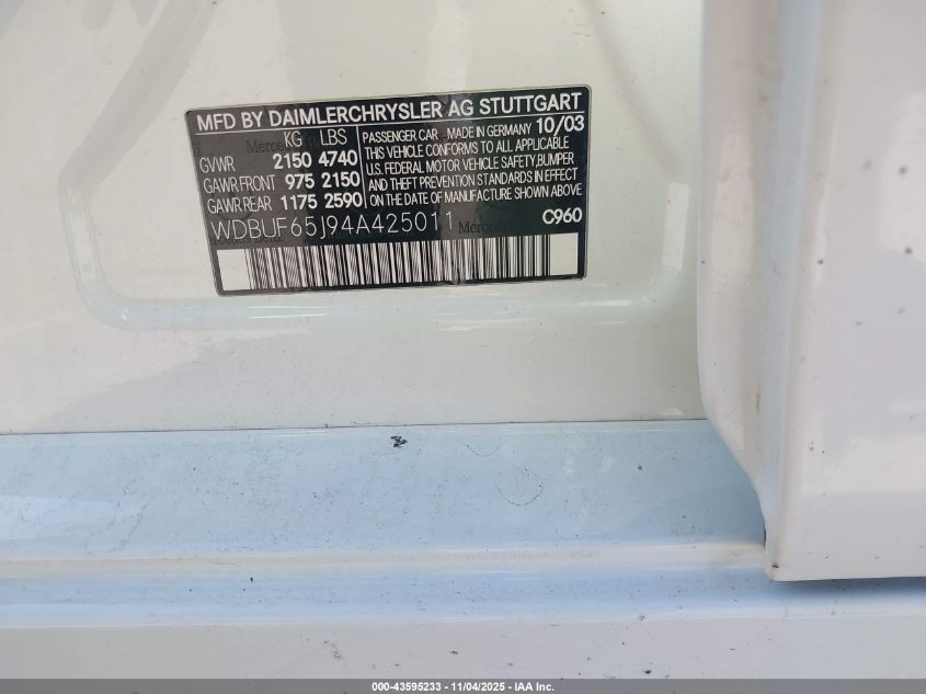 2004 Mercedes-Benz E 320 VIN: WDBUF65J94A425011 Lot: 43595233