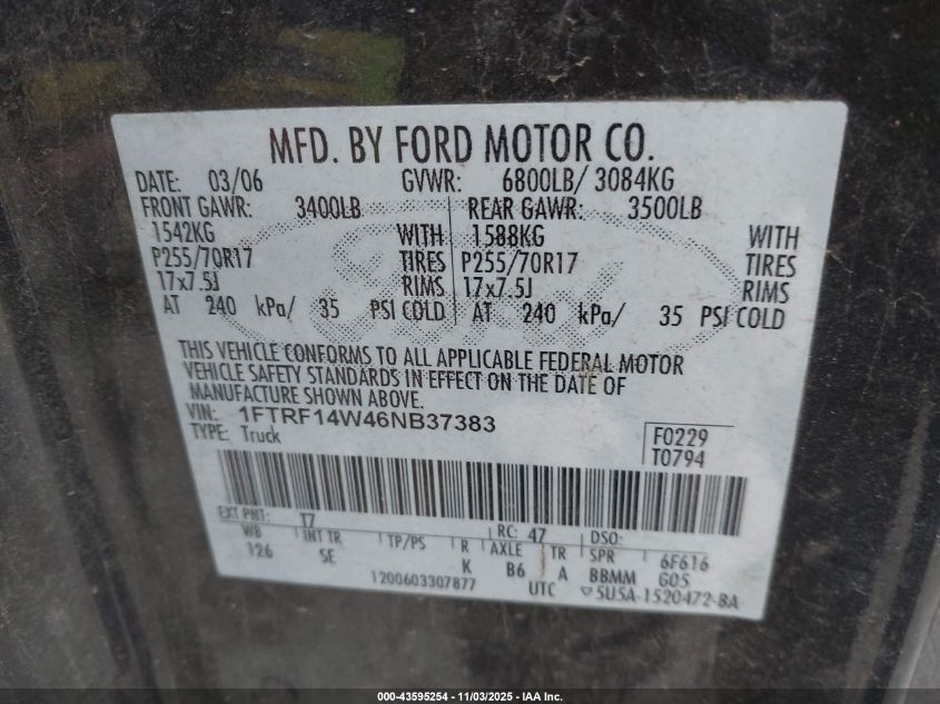 2006 Ford F-150 Stx/Xl/Xlt VIN: 1FTRF14W46NB37383 Lot: 43595254