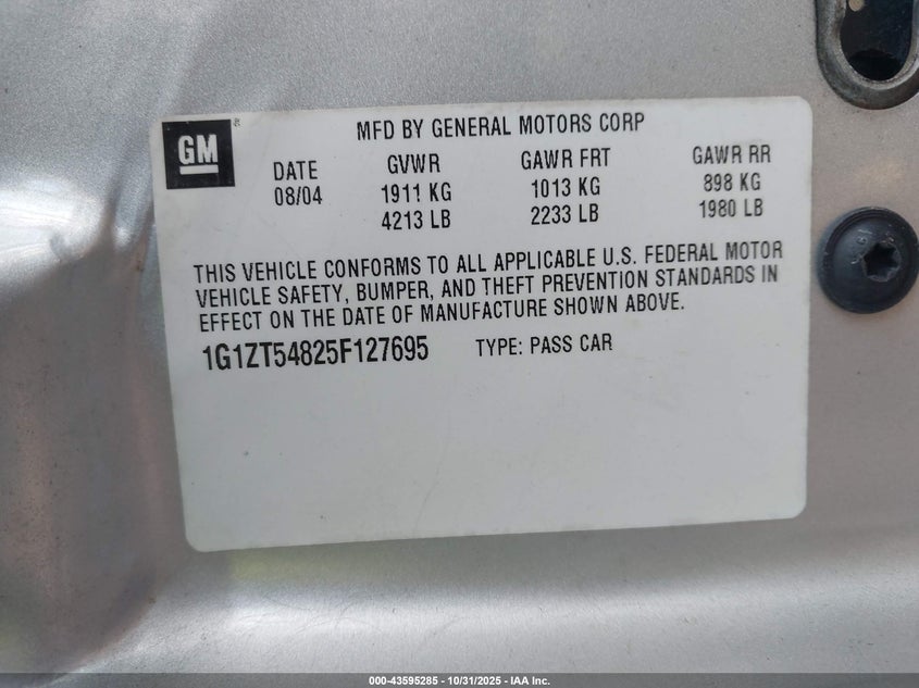 2005 Chevrolet Malibu Ls VIN: 1G1ZT54825F127695 Lot: 43595285