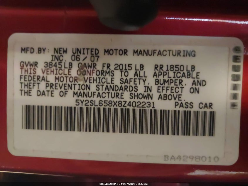 2008 Pontiac Vibe VIN: 5Y2SL658X8Z402231 Lot: 43595315