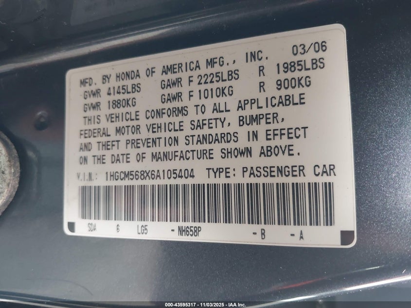 1HGCM568X6A105404 2006 HONDA ACCORD photo no. 9