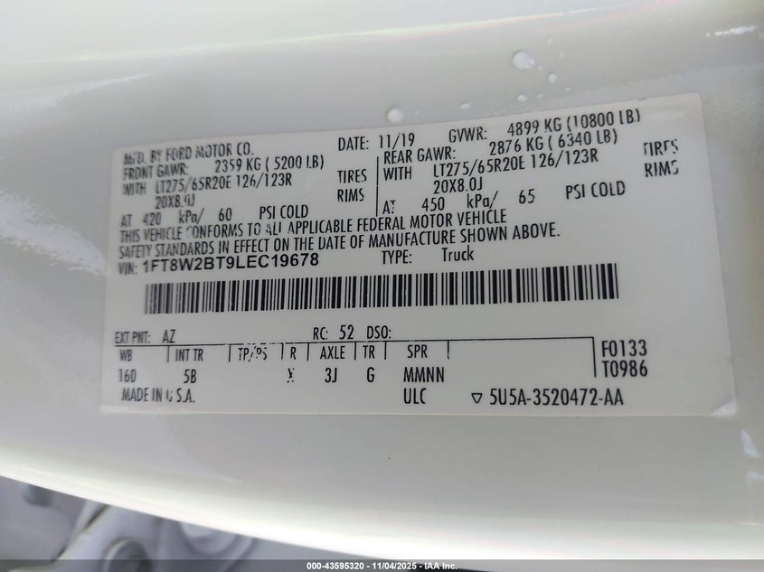 2020 Ford F-250 Lariat VIN: 1FT8W2BT9LEC19678 Lot: 43595320