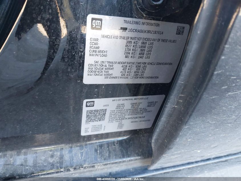 2024 Chevrolet Silverado 1500 VIN: 1GCRABEK9RZ187614 Lot: 43595339