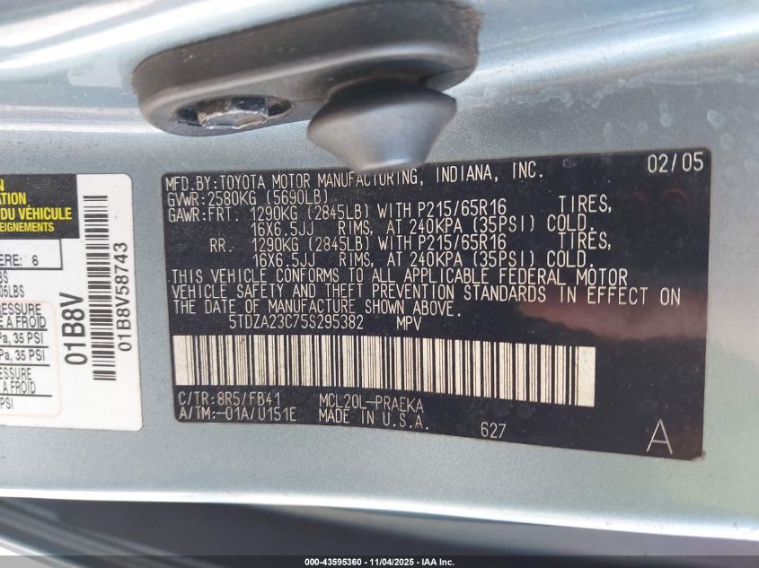2005 Toyota Sienna Le VIN: 5TDZA23C75S295382 Lot: 43595360