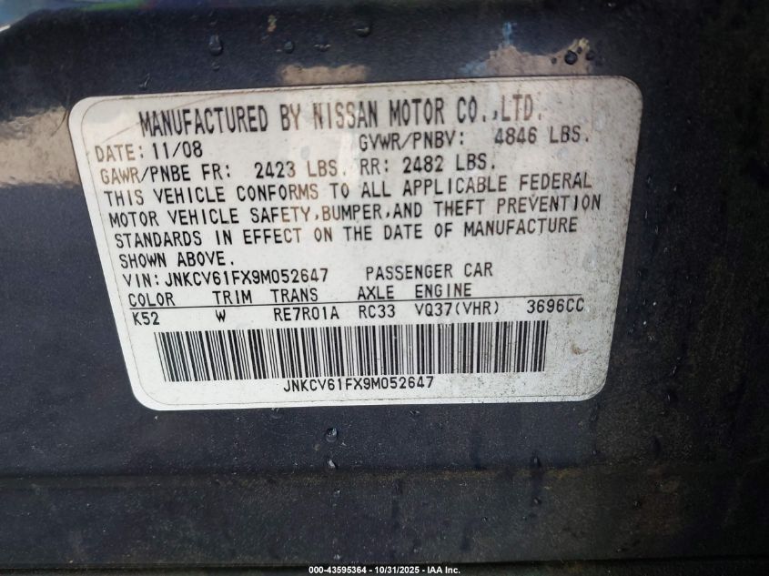 2009 Infiniti G37X VIN: JNKCV61FX9M052647 Lot: 43595364