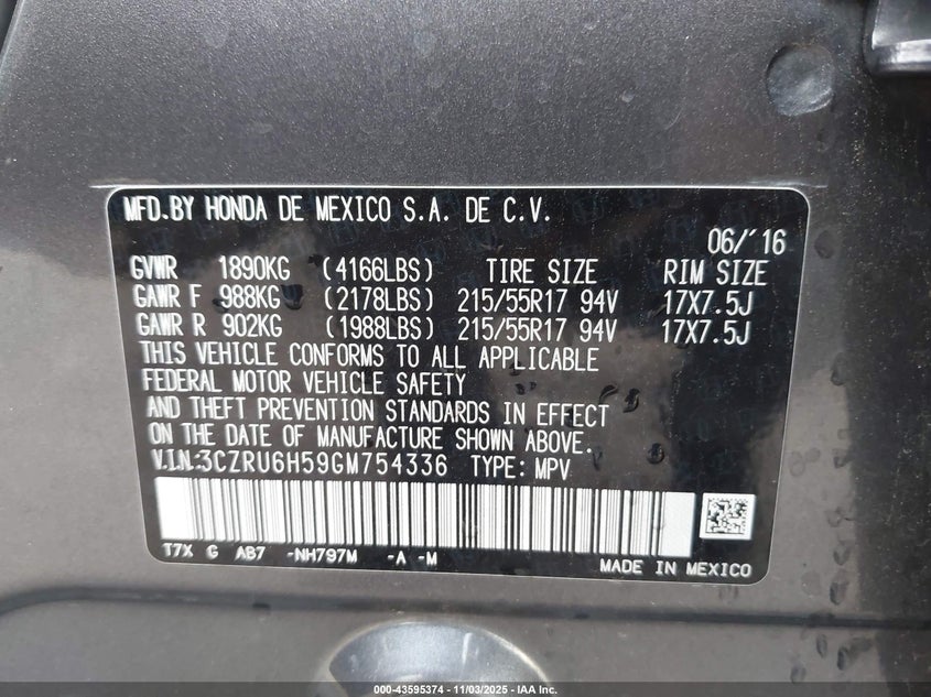 2016 HONDA HR-V EX 3CZRU6H59GM754336