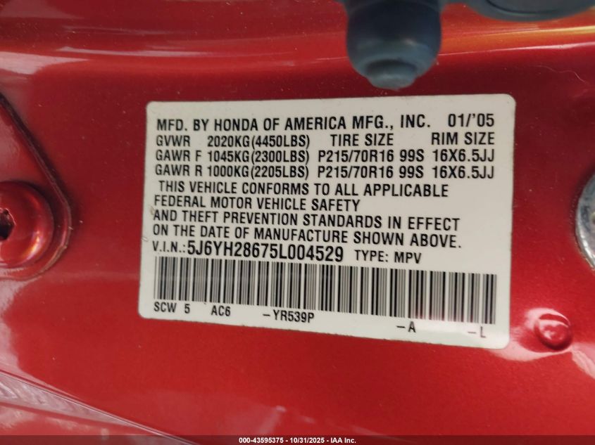 2005 Honda Element Ex VIN: 5J6YH28675L004529 Lot: 43595375