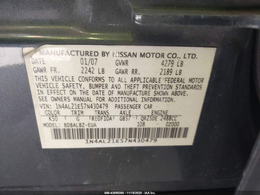 2007 Nissan Altima 2.5 S VIN: 1N4AL21E57N430479 Lot: 43595380