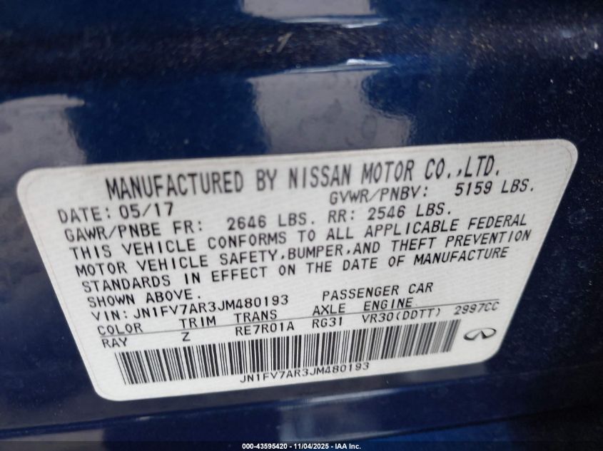 2018 Infiniti Q50 3.0T Red Sport 400 VIN: JN1FV7AR3JM480193 Lot: 43595420