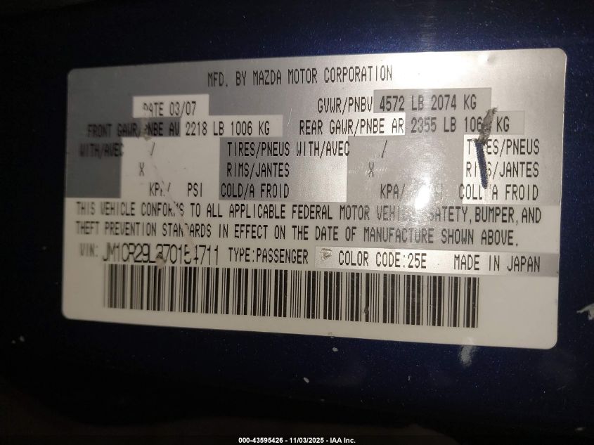 2007 Mazda Mazda5 Touring VIN: JM1CR29L370154711 Lot: 43595426