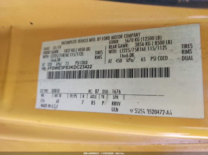 2019 Ford E-350 Cutaway VIN: 1FDWE3FS3KDC23422 Lot: 43595431