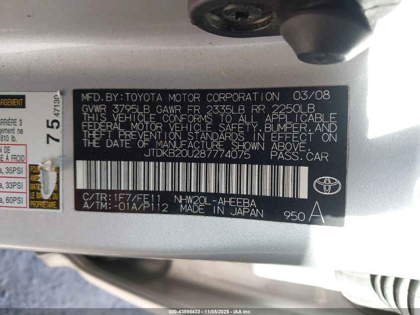 2008 Toyota Prius Base (Cvt-E) VIN: JTDKB20U287774075 Lot: 43595433