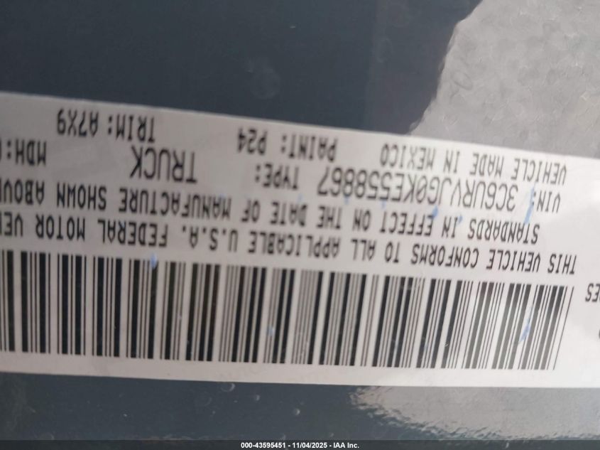 2019 Ram Promaster 3500 Cargo Van High Roof 159 Wb Ext VIN: 3C6URVJG0KE558867 Lot: 43595451