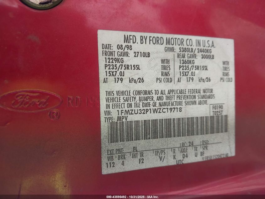 1998 Ford Explorer Eddie Bauer/Limited/Xlt VIN: 1FMZU32P1WZC19718 Lot: 43595492