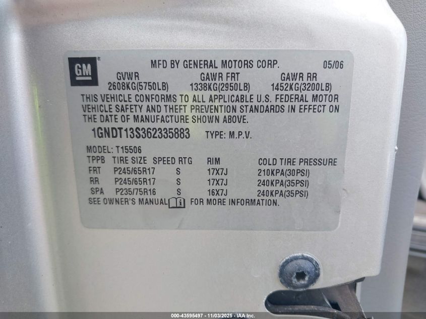 2006 Chevrolet Trailblazer Ls VIN: 1GNDT13S362335883 Lot: 43595497