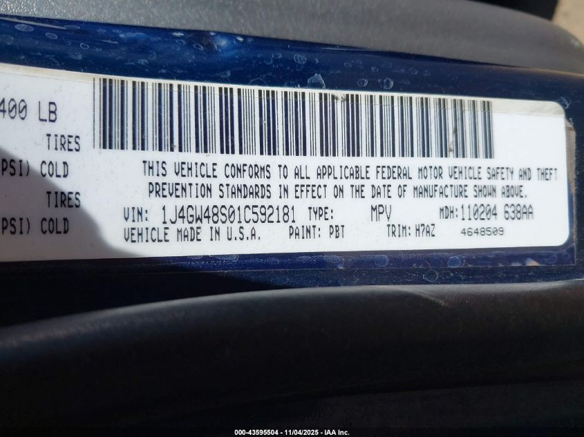 2001 Jeep Grand Cherokee Laredo VIN: 1J4GW48S01C592181 Lot: 43595504