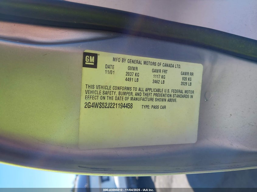 2002 Buick Century Custom VIN: 2G4WS52J221194458 Lot: 43595510