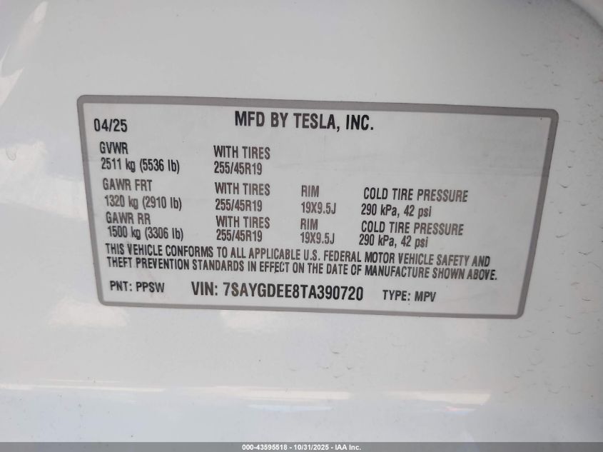 2026 Tesla Model Y Long Range Dual Motor All-Wheel Drive/Long Range Launch Series VIN: 7SAYGDEE8TA390720 Lot: 43595518