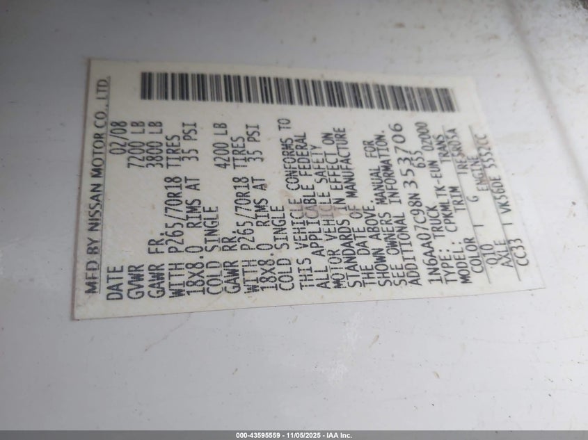 2008 Nissan Titan Le/Se VIN: 1N6AA07C98N353706 Lot: 43595559