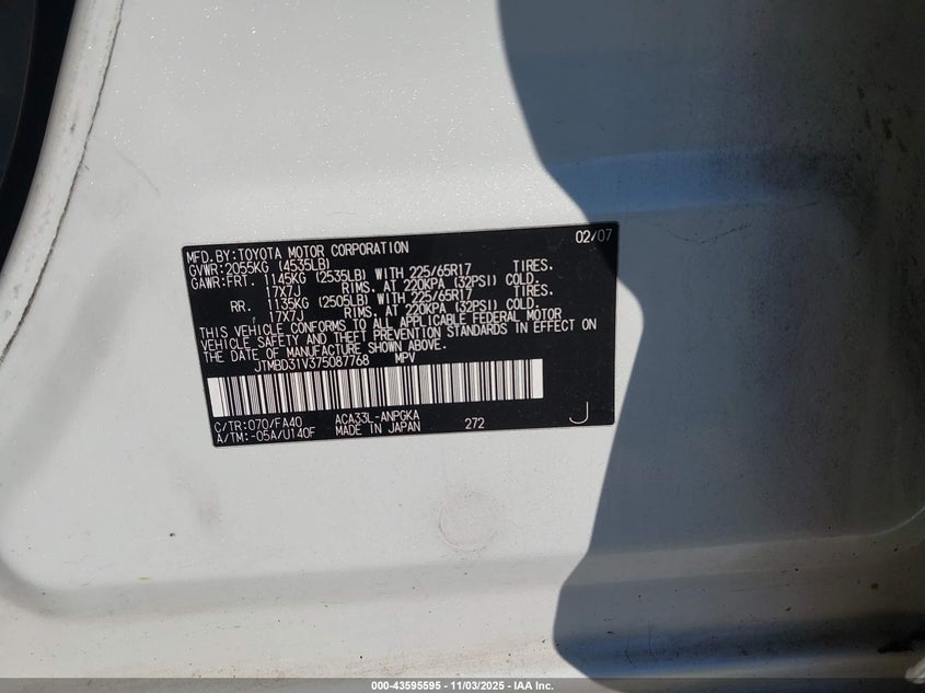 2007 Toyota Rav4 Limited VIN: JTMBD31V375087768 Lot: 43595595