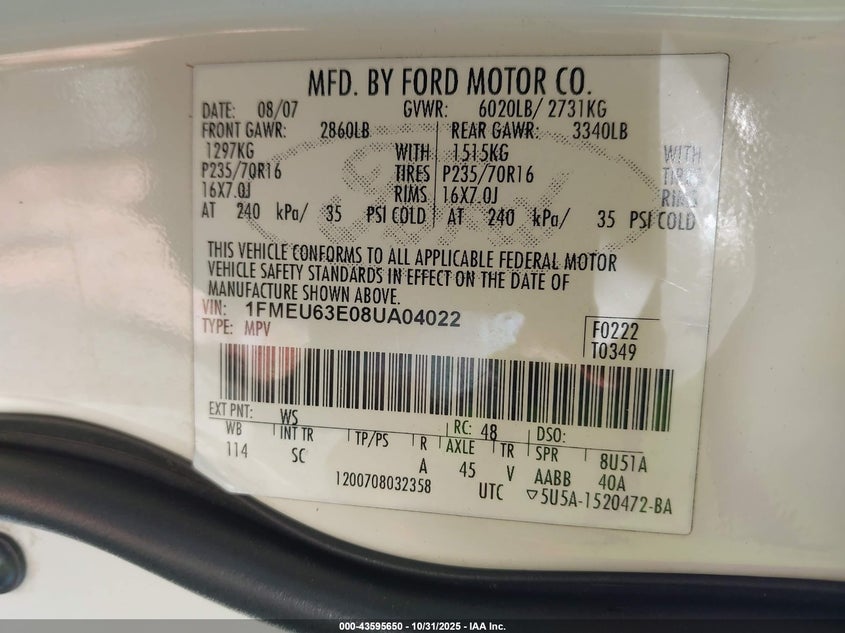 2008 Ford Explorer Xlt VIN: 1FMEU63E08UA04022 Lot: 43595650