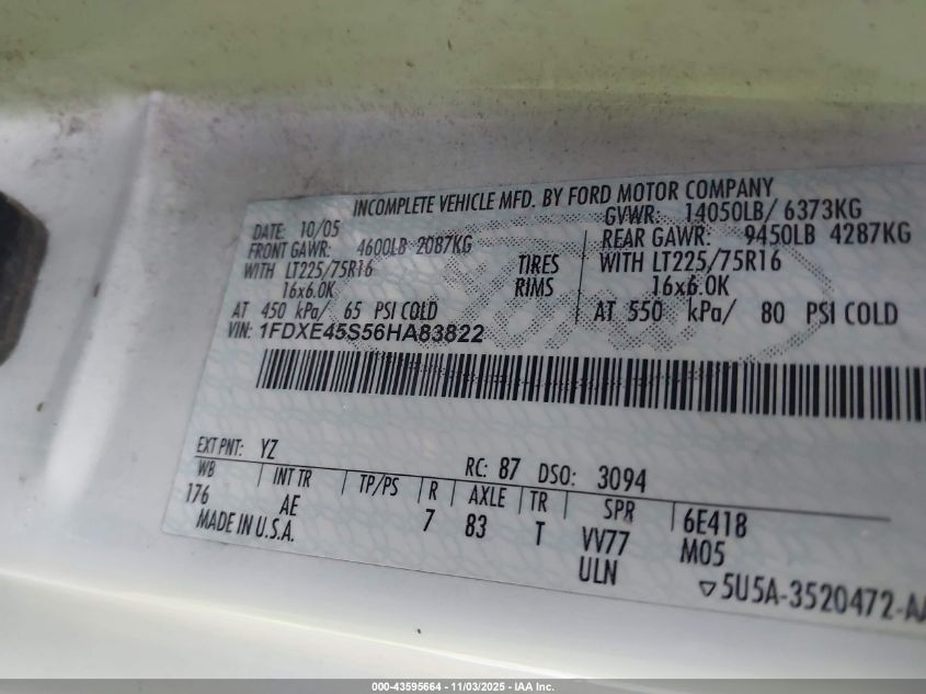 2006 Ford E-450 Cutaway VIN: 1FDXE45S56HA83822 Lot: 43595664
