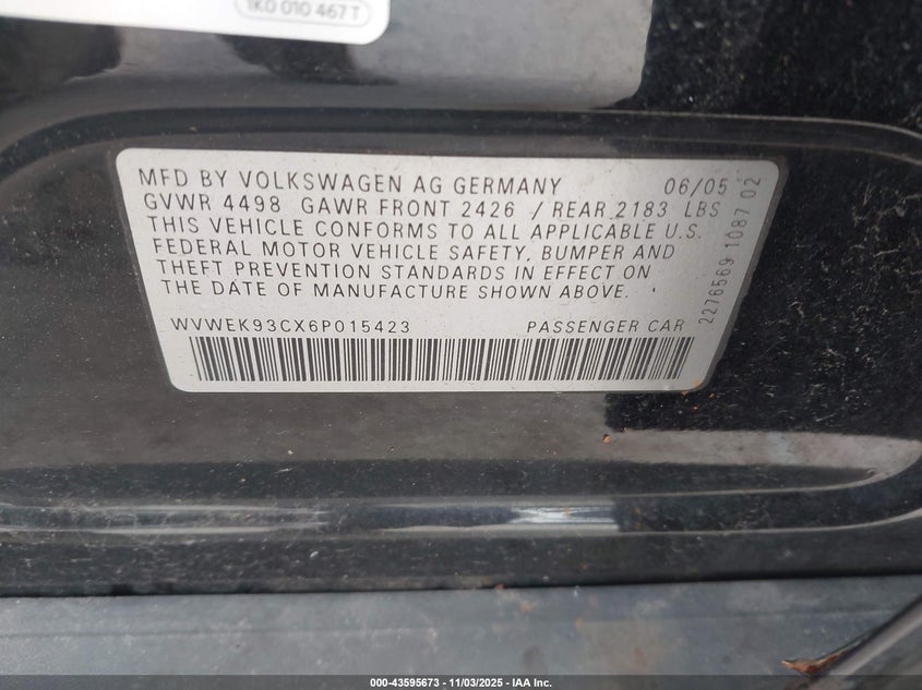 2006 Volkswagen Passat 2.0T VIN: WVWEK93CX6P015423 Lot: 43595673