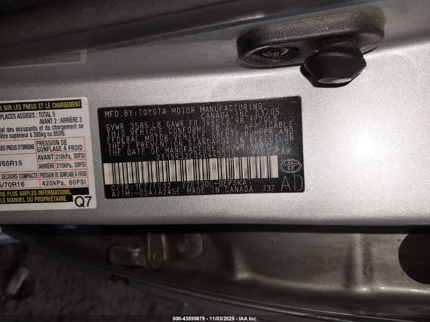 2005 Toyota Corolla S VIN: 2T1BR32E05C443335 Lot: 43595679