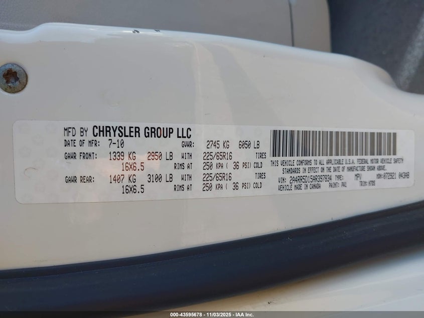 2010 Chrysler Town & Country Touring VIN: 2A4RR5D15AR397834 Lot: 43595678