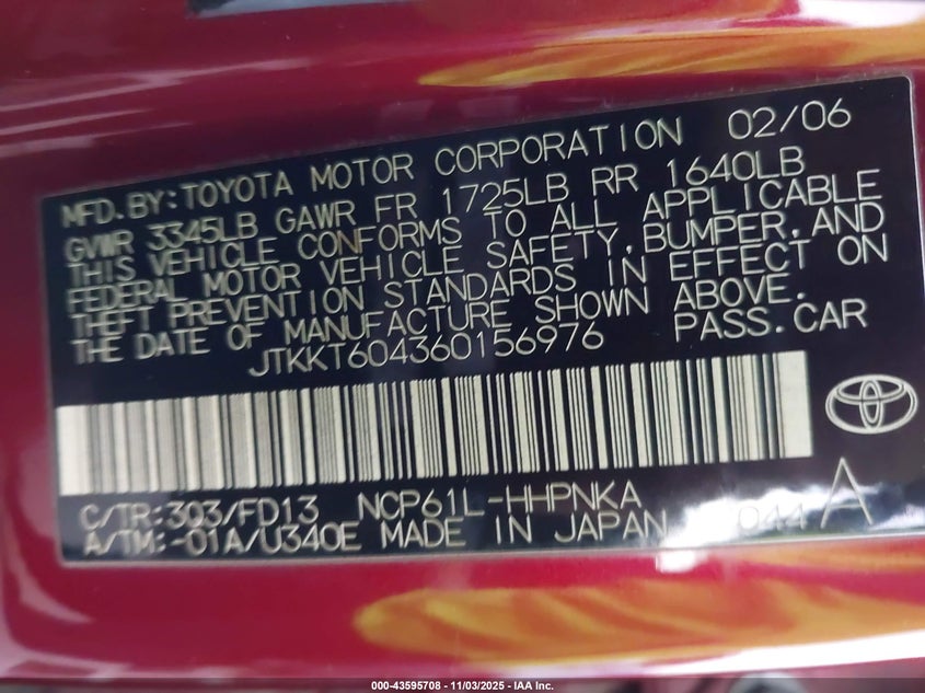 2006 Scion Xa VIN: JTKKT604360156976 Lot: 43595708