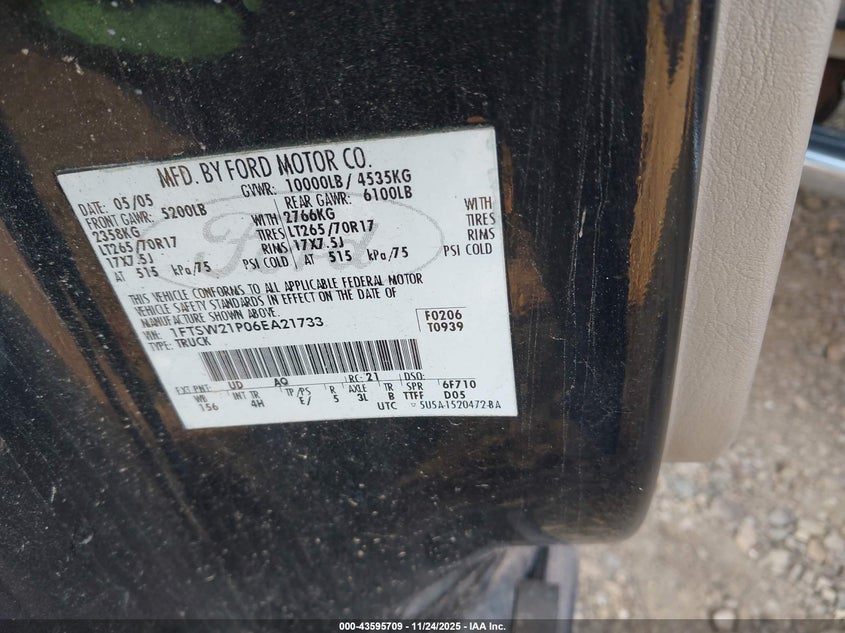 2006 Ford F-250 Lariat/Xl/Xlt VIN: 1FTSW21P06EA21733 Lot: 43595709