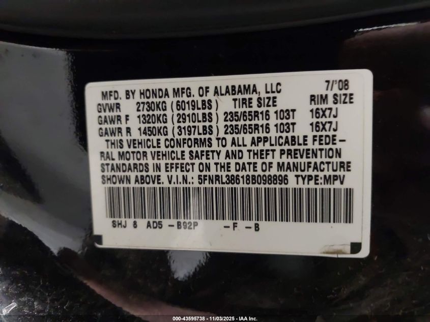 2008 Honda Odyssey Ex-L VIN: 5FNRL38618B098896 Lot: 43595738