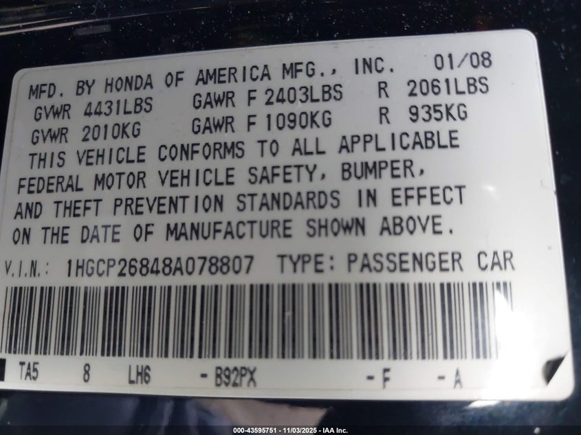 1HGCP26848A078807 2008 HONDA ACCORD photo no. 9