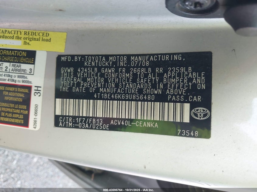 4T1BE46K69U856480 2009 TOYOTA CAMRY photo no. 9