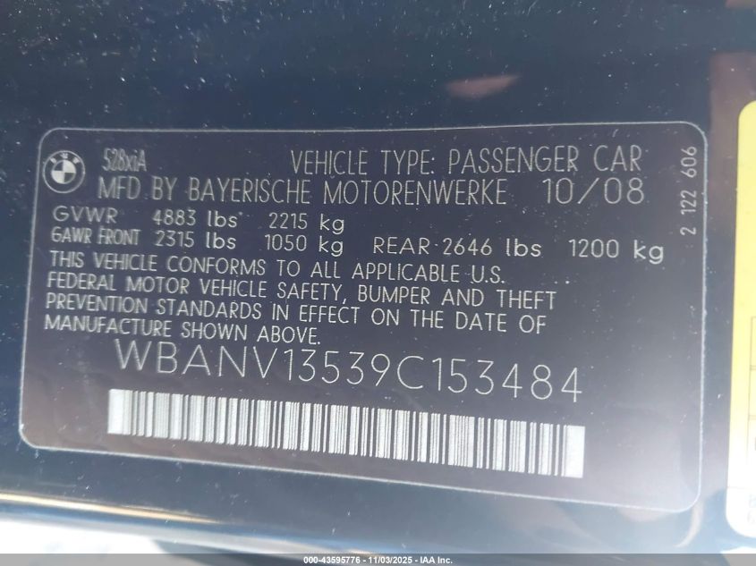 2009 BMW 528I xDrive VIN: WBANV13539C153484 Lot: 43595776