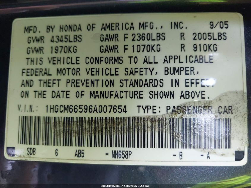 2006 Honda Accord 3.0 Ex VIN: 1HGCM66596A007654 Lot: 43595803