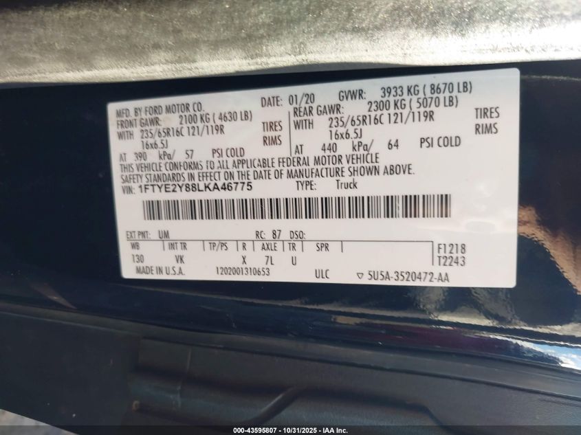 2020 Ford Transit-150 VIN: 1FTYE2Y88LKA46775 Lot: 43595807