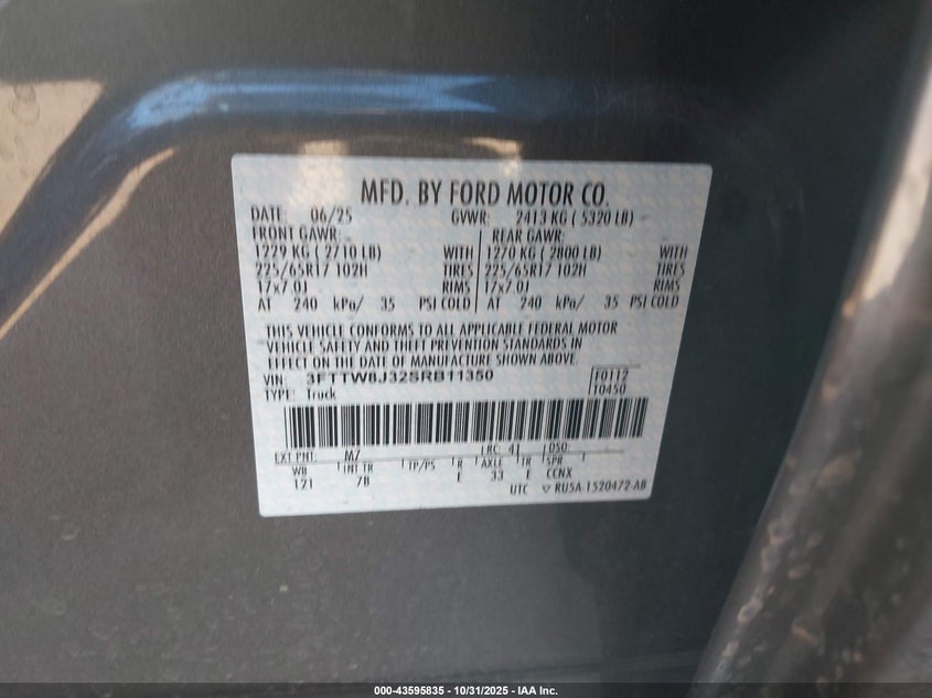 2025 Ford Maverick Xlt VIN: 3FTTW8J32SRB11350 Lot: 43595835