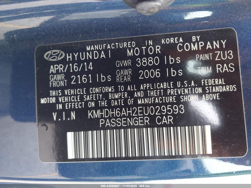 2014 HYUNDAI ELANTRA KMHDH6AH2EU029593