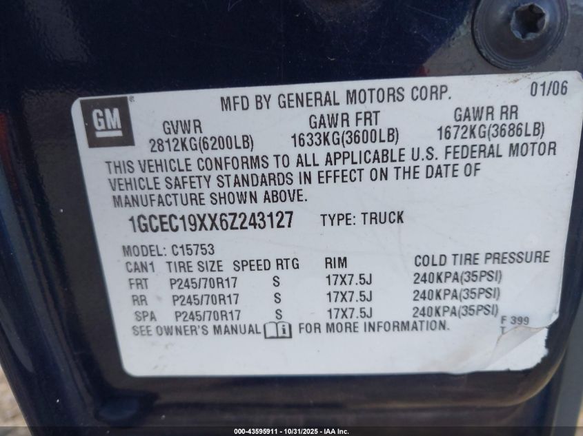 2006 Chevrolet Silverado 1500 Ls VIN: 1GCEC19XX6Z243127 Lot: 43595911