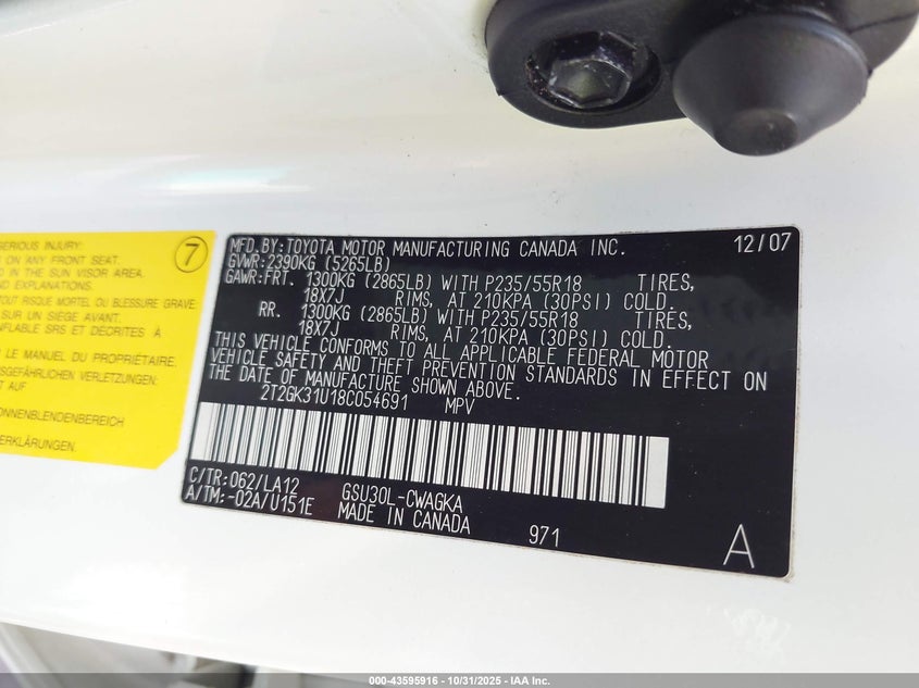 2008 Lexus Rx 350 VIN: 2T2GK31U18C054691 Lot: 43595916