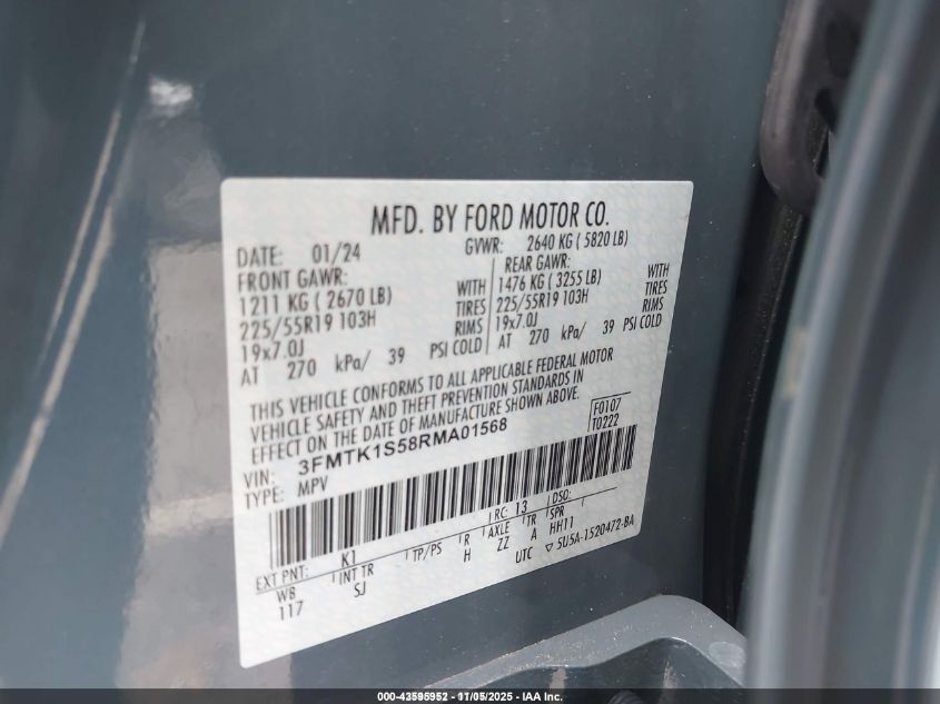 2024 Ford Mustang Mach-E Select VIN: 3FMTK1S58RMA01568 Lot: 43595952