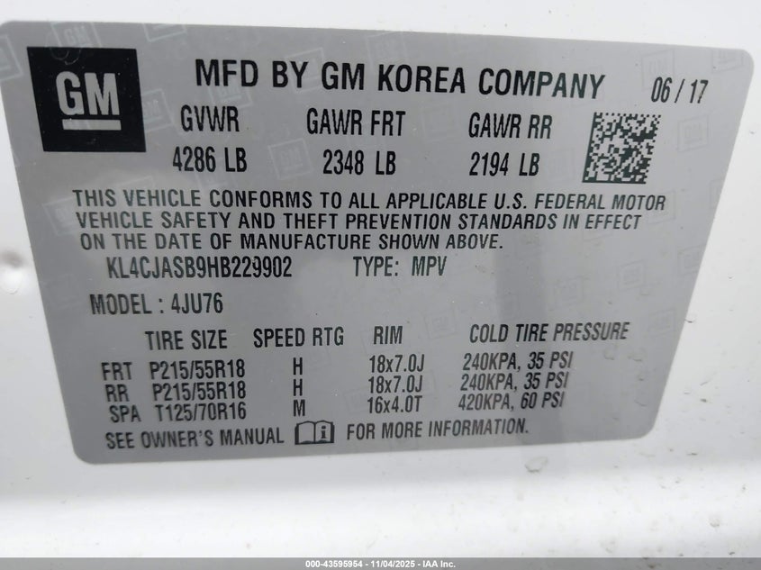 2017 Buick Encore Preferred VIN: KL4CJASB9HB229902 Lot: 43595954