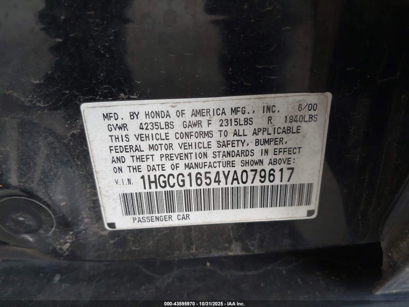 1HGCG1654YA079617 2000 HONDA ACCORD photo no. 9