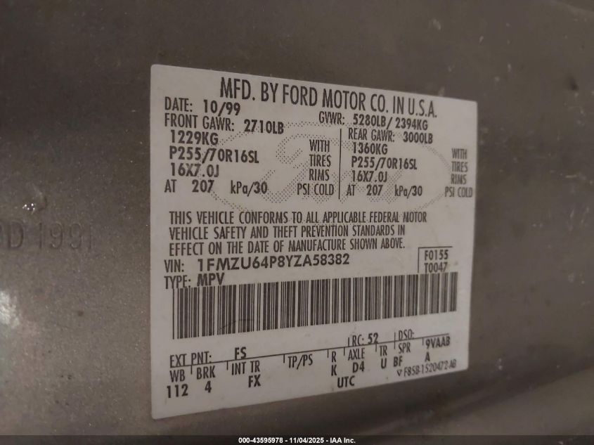 2000 Ford Explorer Eddie Bauer VIN: 1FMZU64P8YZA58382 Lot: 43595978