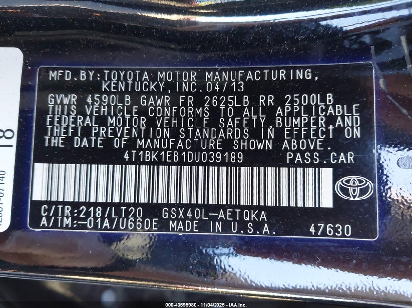 2013 Toyota Avalon Xle Touring VIN: 4T1BK1EB1DU039189 Lot: 43595980