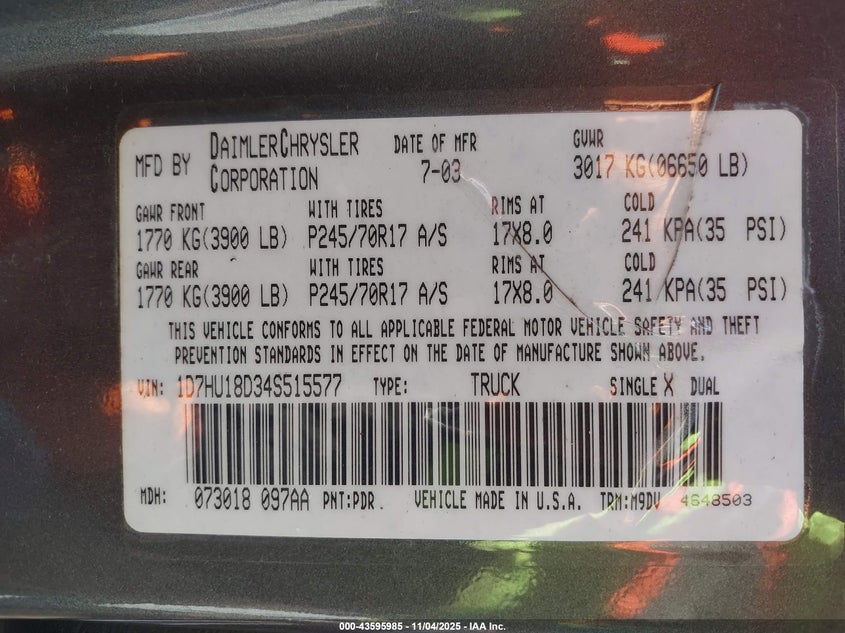 2004 Dodge Ram 1500 Slt/Laramie VIN: 1D7HU18D34S515577 Lot: 43595985